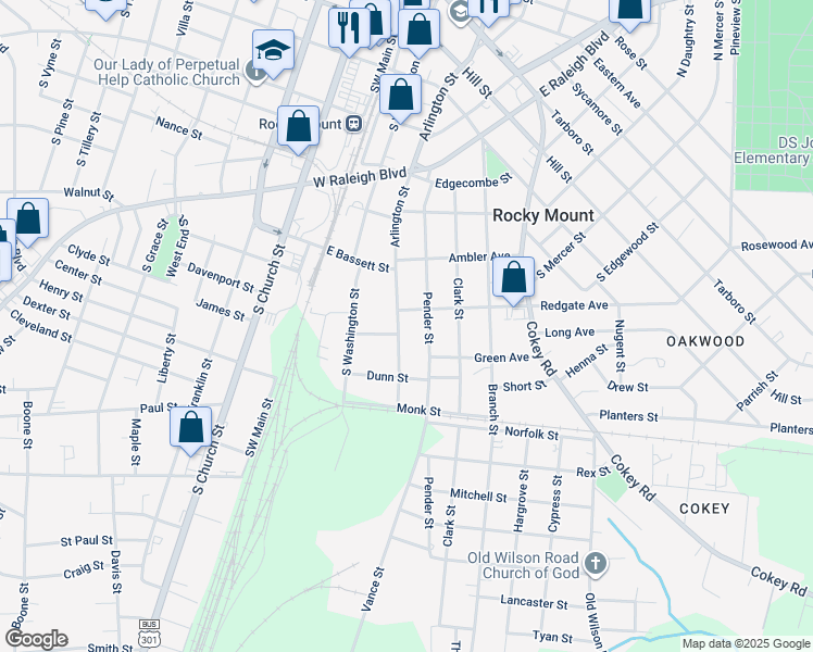 map of restaurants, bars, coffee shops, grocery stores, and more near 906 Arlington St in Rocky Mt