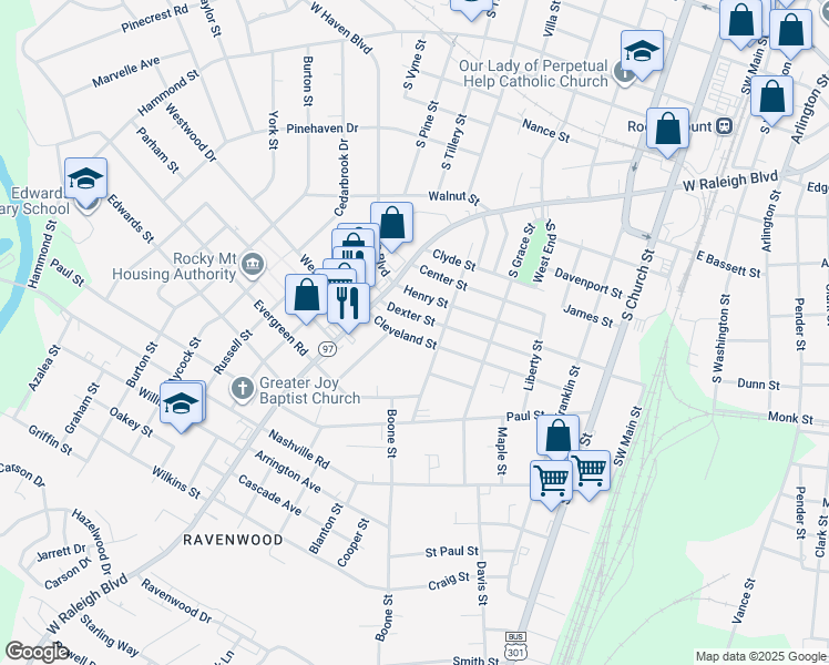 map of restaurants, bars, coffee shops, grocery stores, and more near 624 Cleveland Street in Rocky Mount