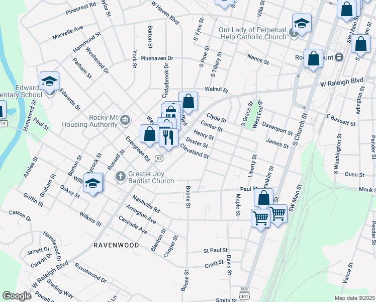 map of restaurants, bars, coffee shops, grocery stores, and more near 912 New Street in Rocky Mount
