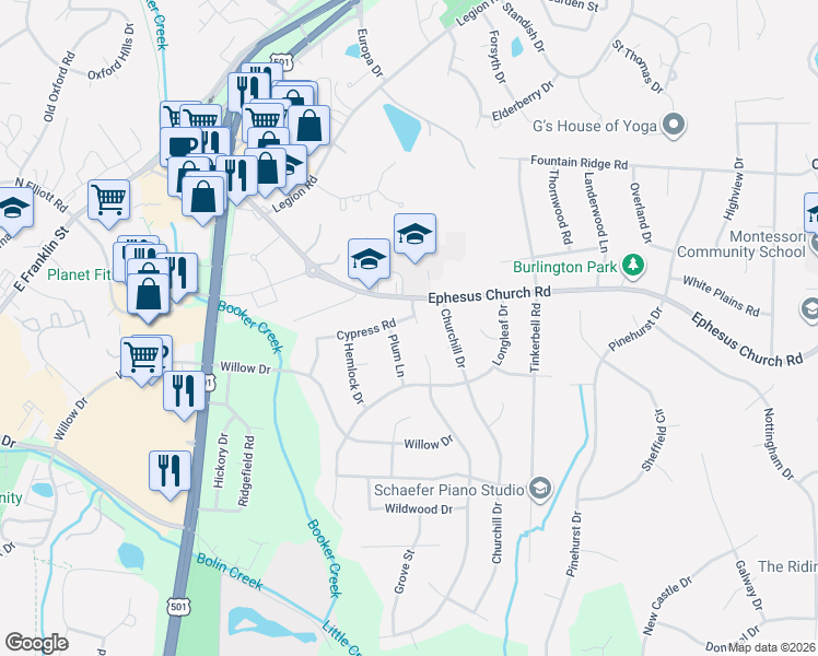 map of restaurants, bars, coffee shops, grocery stores, and more near 302 Plum Lane in Chapel Hill