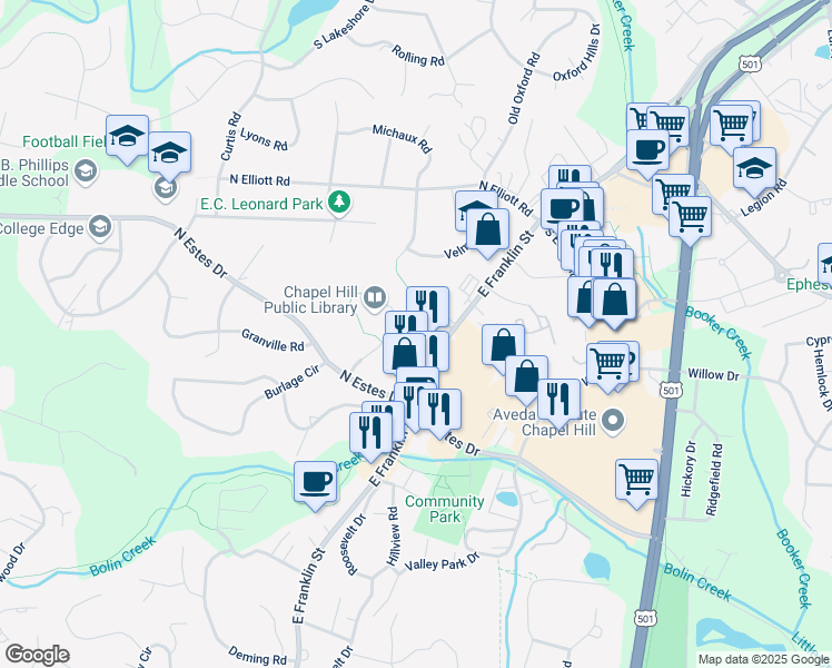 map of restaurants, bars, coffee shops, grocery stores, and more near 1509 East Franklin Street in Chapel Hill