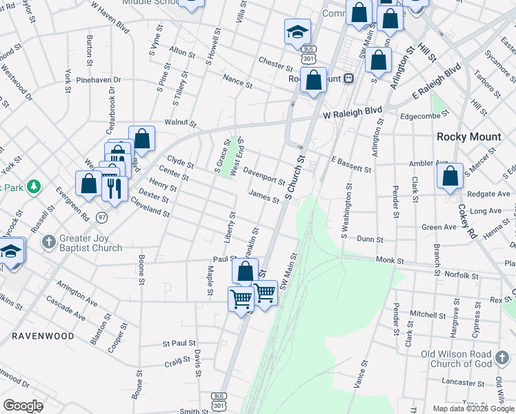 map of restaurants, bars, coffee shops, grocery stores, and more near 1028 South Franklin Street in Rocky Mount