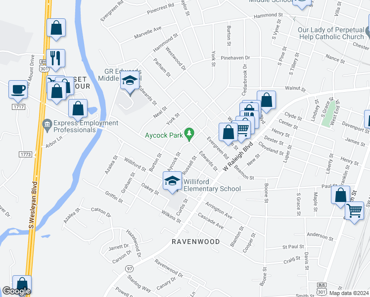 map of restaurants, bars, coffee shops, grocery stores, and more near 1205 Aycock Street in Rocky Mount