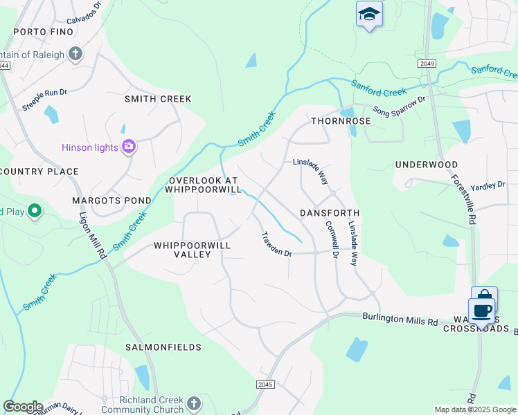 map of restaurants, bars, coffee shops, grocery stores, and more near 3501 Trawden Drive in Wake Forest