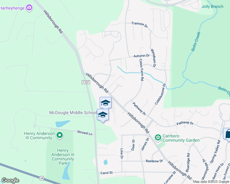 map of restaurants, bars, coffee shops, grocery stores, and more near 114 Sanderway Drive in Chapel Hill