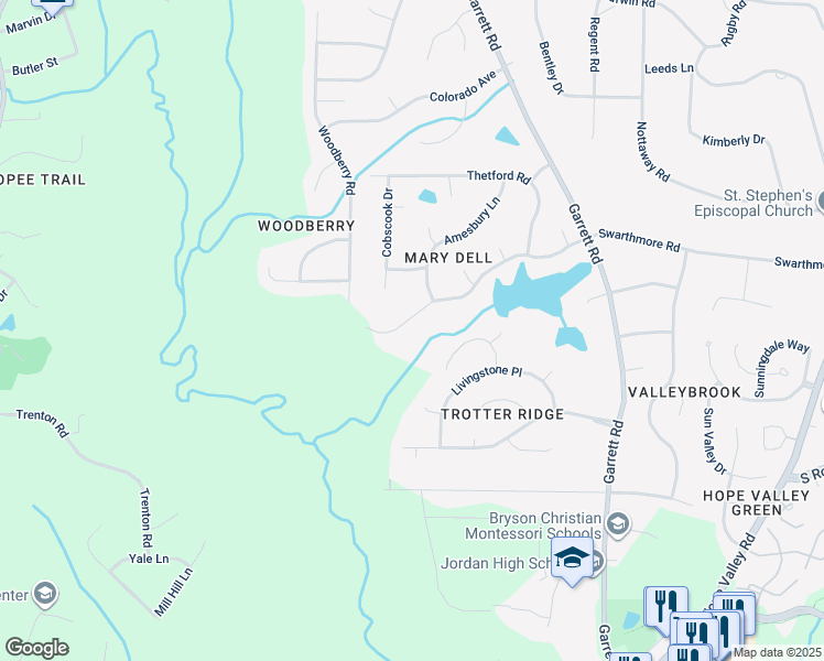 map of restaurants, bars, coffee shops, grocery stores, and more near 4315 Swarthmore Road in Durham