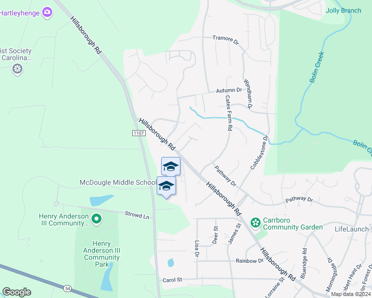 map of restaurants, bars, coffee shops, grocery stores, and more near 114 Sanderway Drive in Chapel Hill