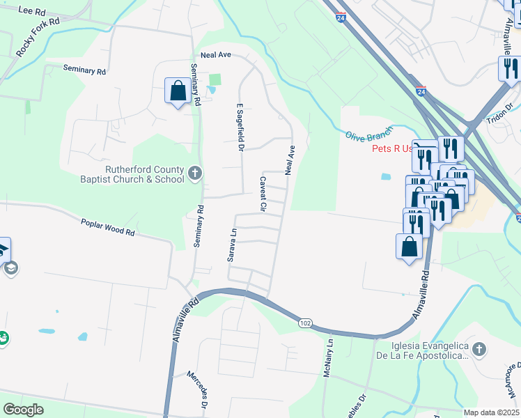 map of restaurants, bars, coffee shops, grocery stores, and more near 384 Sarava Lane in Smyrna