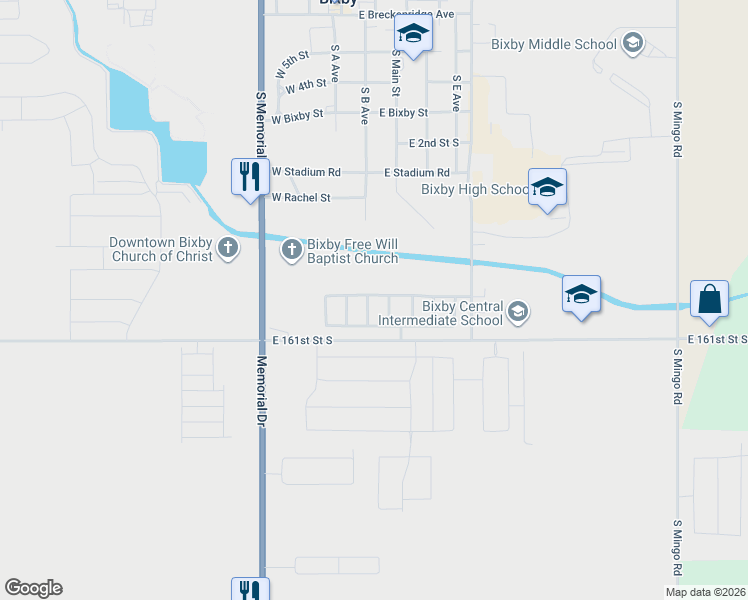 map of restaurants, bars, coffee shops, grocery stores, and more near 16009 South 85th East Avenue in Bixby