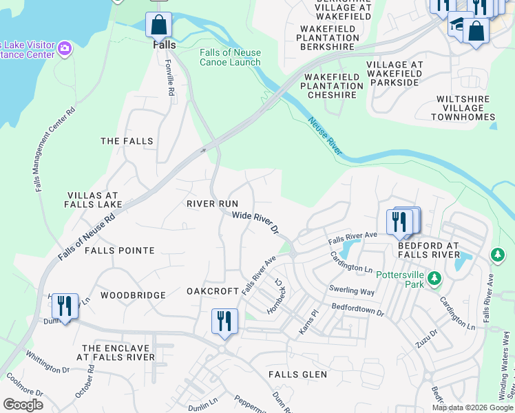 map of restaurants, bars, coffee shops, grocery stores, and more near 2120 Wide River Drive in Raleigh