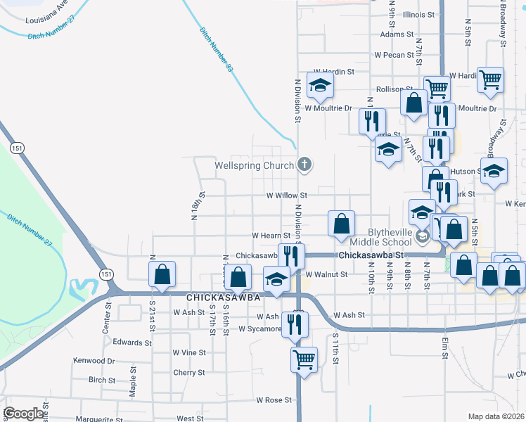 map of restaurants, bars, coffee shops, grocery stores, and more near 1313 Holly Street in Blytheville