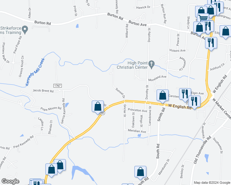 map of restaurants, bars, coffee shops, grocery stores, and more near 211 Sunset Drive in Thomasville
