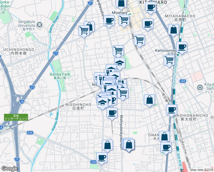 map of restaurants, bars, coffee shops, grocery stores, and more near in Saitama