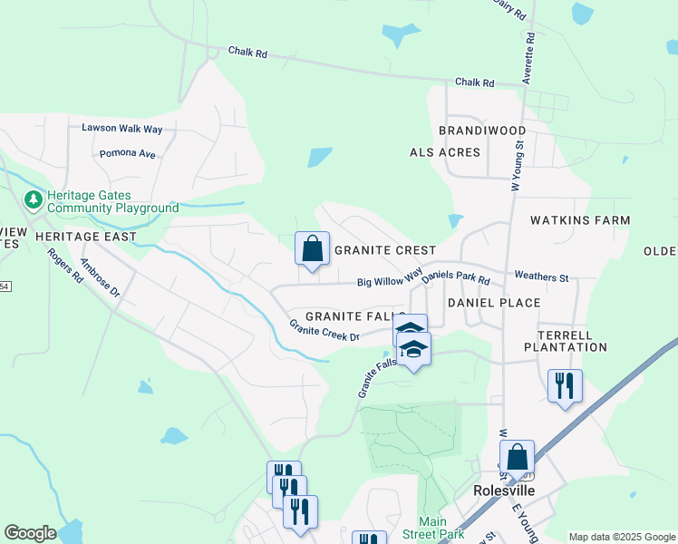 map of restaurants, bars, coffee shops, grocery stores, and more near 610 Tall Willow Court in Rolesville