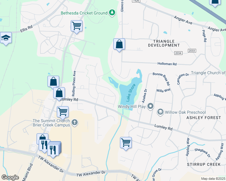 map of restaurants, bars, coffee shops, grocery stores, and more near 6141 Lakefront Street in Durham
