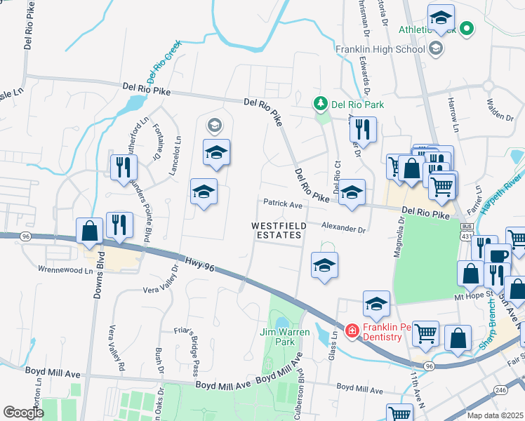 map of restaurants, bars, coffee shops, grocery stores, and more near 202 Oxford Drive in Franklin