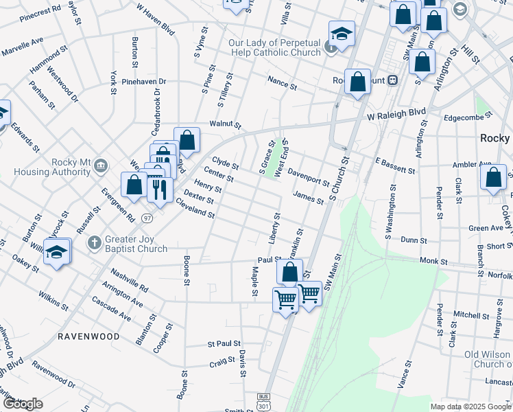 map of restaurants, bars, coffee shops, grocery stores, and more near 433 Dexter Street in Rocky Mount