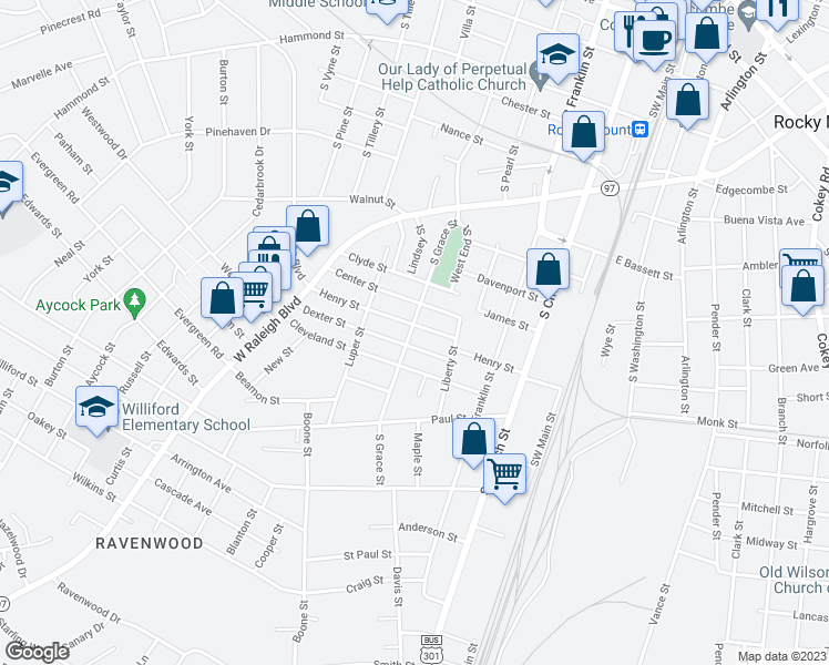 map of restaurants, bars, coffee shops, grocery stores, and more near 1205 South Grace Street in Rocky Mount