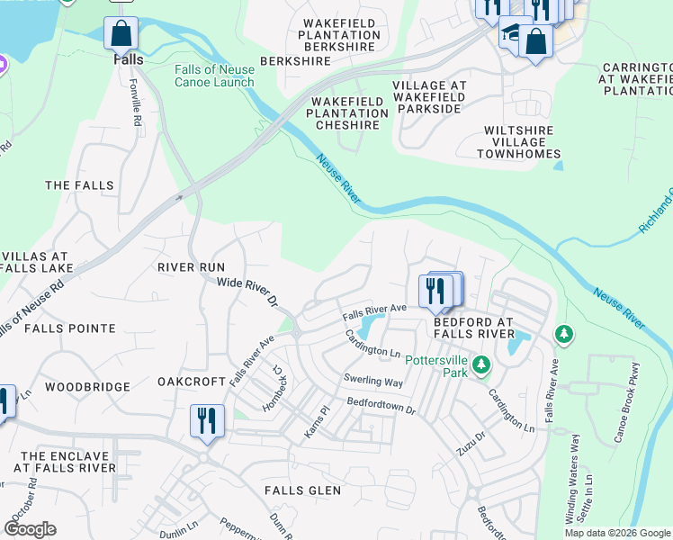 map of restaurants, bars, coffee shops, grocery stores, and more near 2726 Hidden Waters Circle in Raleigh