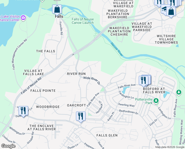 map of restaurants, bars, coffee shops, grocery stores, and more near 2120 Wide River Drive in Raleigh