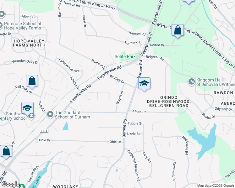 map of restaurants, bars, coffee shops, grocery stores, and more near 5028 Wayne Street in Durham