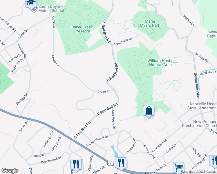 map of restaurants, bars, coffee shops, grocery stores, and more near 309 East Red Bud Road in Knoxville