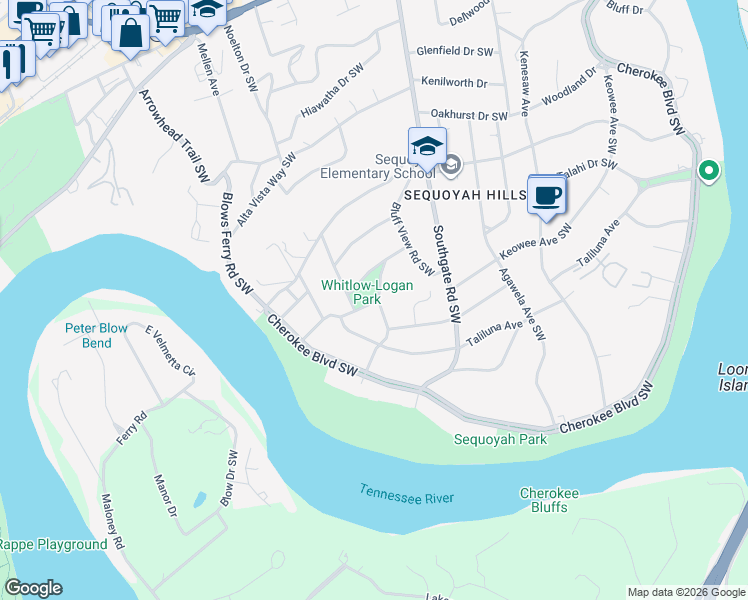 map of restaurants, bars, coffee shops, grocery stores, and more near 4300 South Garden Road in Knoxville