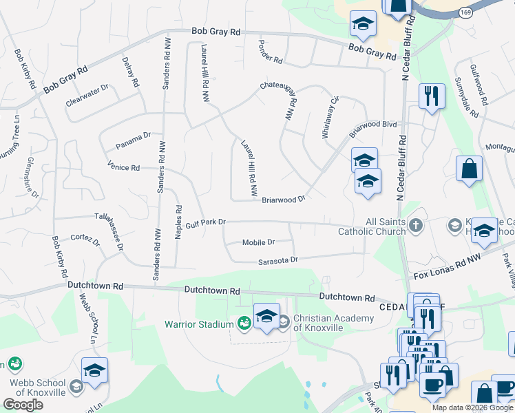 map of restaurants, bars, coffee shops, grocery stores, and more near 9513 Gulf Park Drive in Knoxville