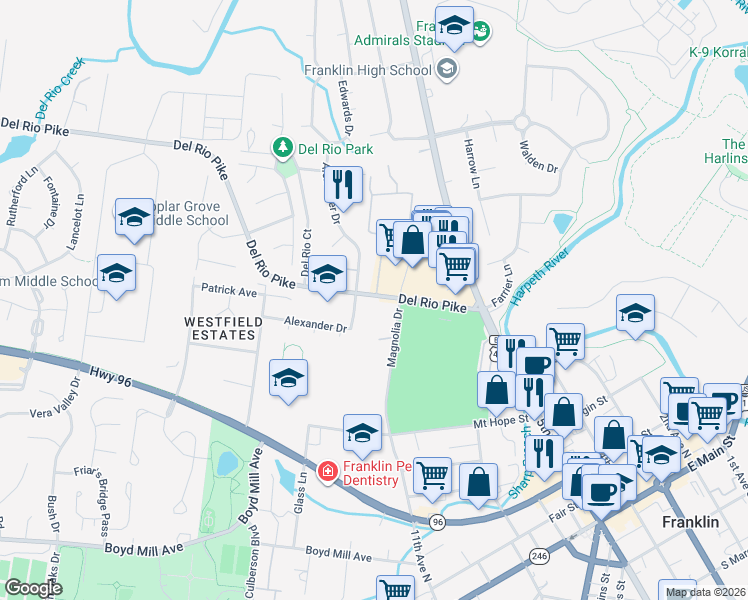 map of restaurants, bars, coffee shops, grocery stores, and more near 1143 Magnolia Drive in Franklin