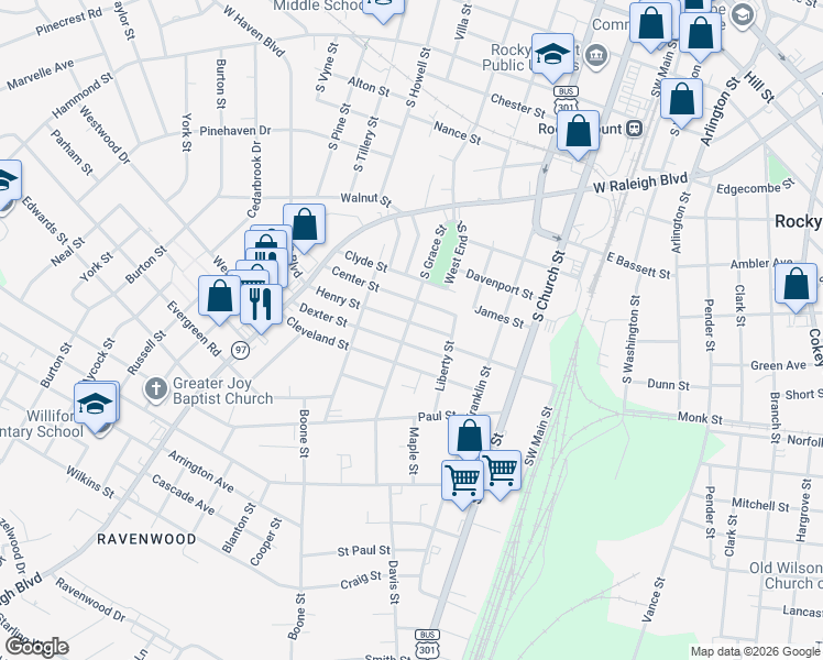 map of restaurants, bars, coffee shops, grocery stores, and more near 433 Dexter Street in Rocky Mount