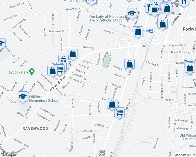 map of restaurants, bars, coffee shops, grocery stores, and more near 1201 South Grace Street in Rocky Mount