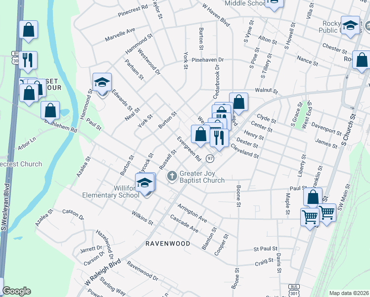 map of restaurants, bars, coffee shops, grocery stores, and more near 1205 Evergreen Road in Rocky Mount