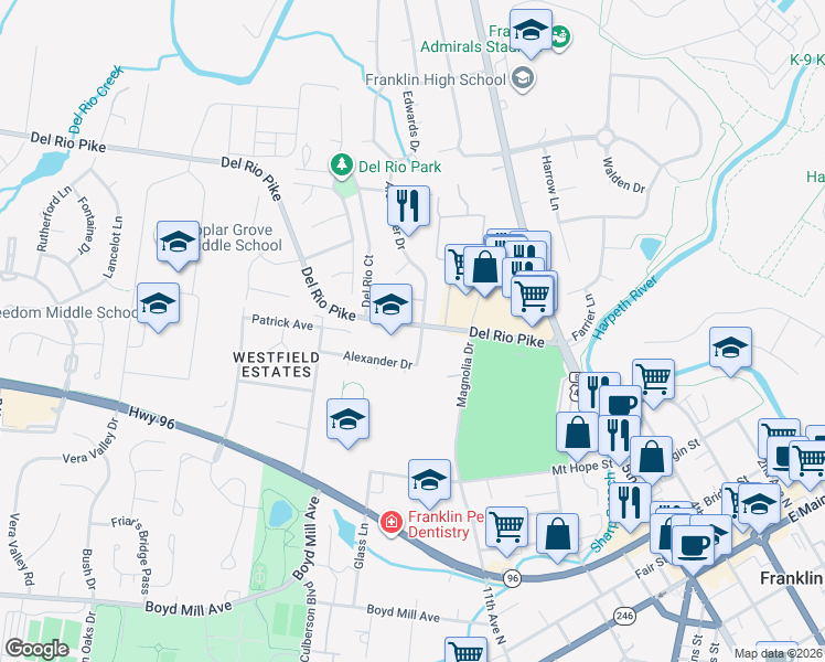 map of restaurants, bars, coffee shops, grocery stores, and more near 119 Alexander Drive in Franklin
