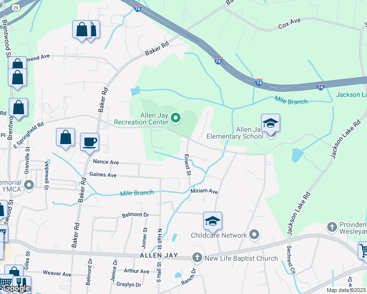 map of restaurants, bars, coffee shops, grocery stores, and more near 2610 Ernest Street in High Point
