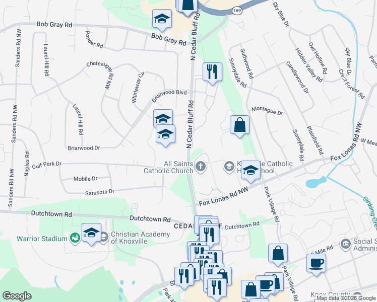 map of restaurants, bars, coffee shops, grocery stores, and more near 644-666 North Cedar Bluff Road in Knoxville