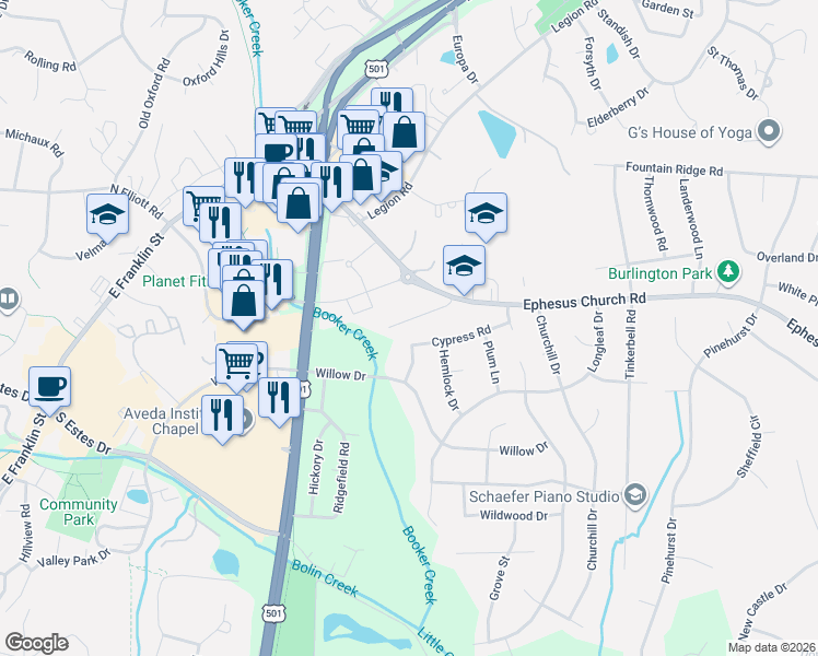 map of restaurants, bars, coffee shops, grocery stores, and more near 300 Spruce Street in Chapel Hill
