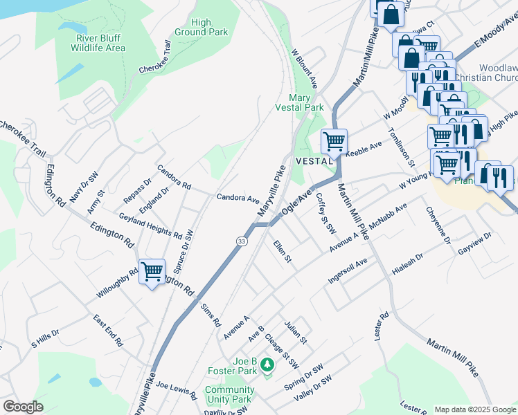 map of restaurants, bars, coffee shops, grocery stores, and more near 719 Maryville Pike in Knoxville