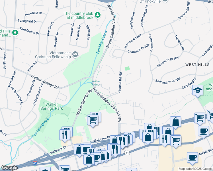 map of restaurants, bars, coffee shops, grocery stores, and more near 309 Broome Road Northwest in Knoxville