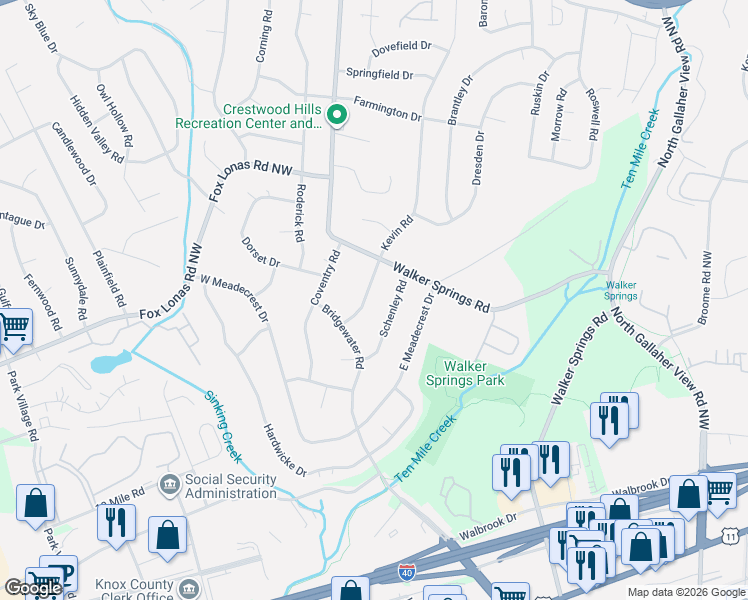 map of restaurants, bars, coffee shops, grocery stores, and more near 808 Kevin Road in Knoxville