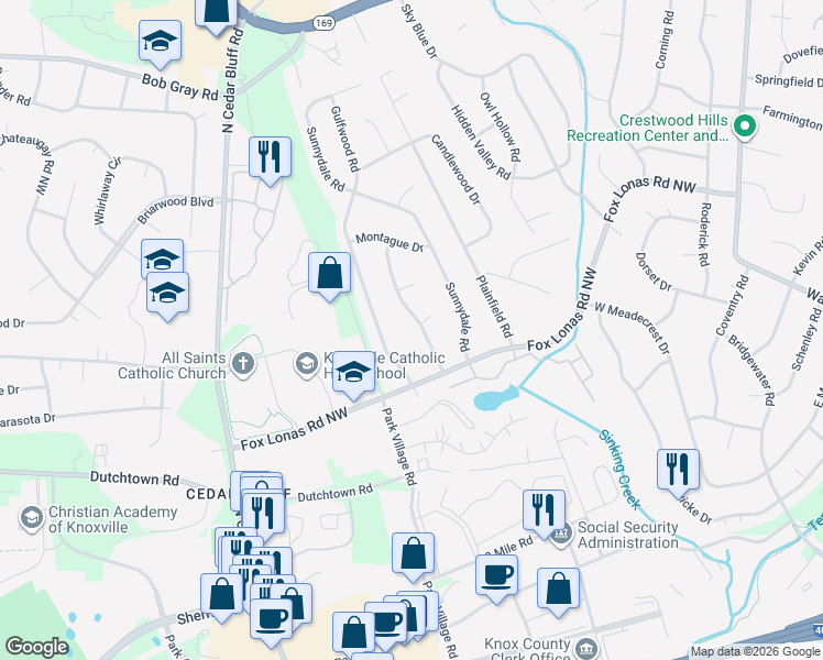 map of restaurants, bars, coffee shops, grocery stores, and more near 609 Fernwood Road in Knoxville