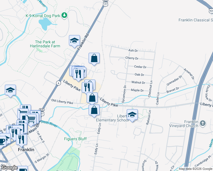 map of restaurants, bars, coffee shops, grocery stores, and more near 414 Brick Path Lane in Franklin