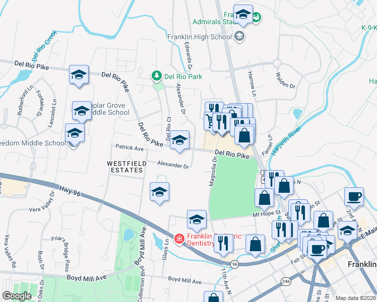 map of restaurants, bars, coffee shops, grocery stores, and more near 119 Alexander Drive in Franklin