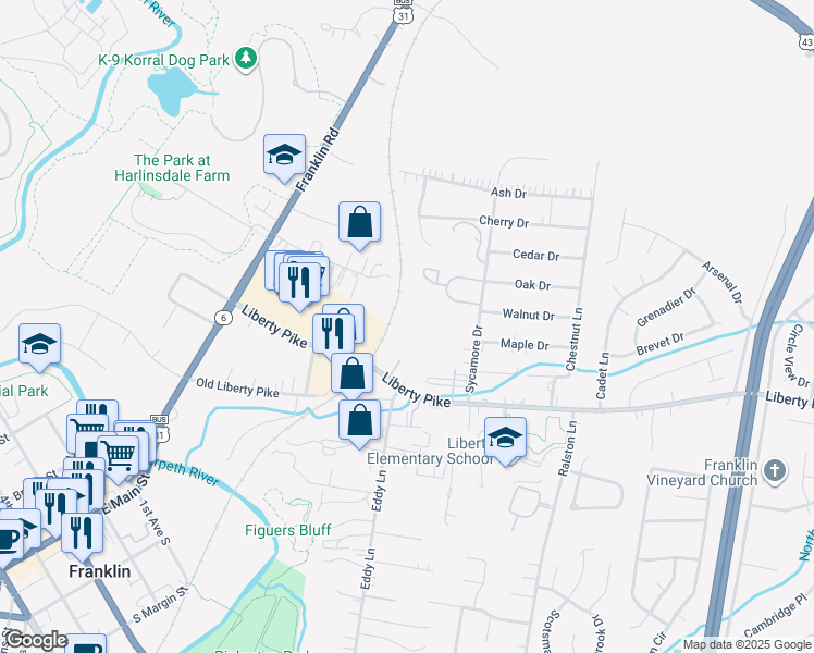 map of restaurants, bars, coffee shops, grocery stores, and more near 414 Brick Path Lane in Franklin