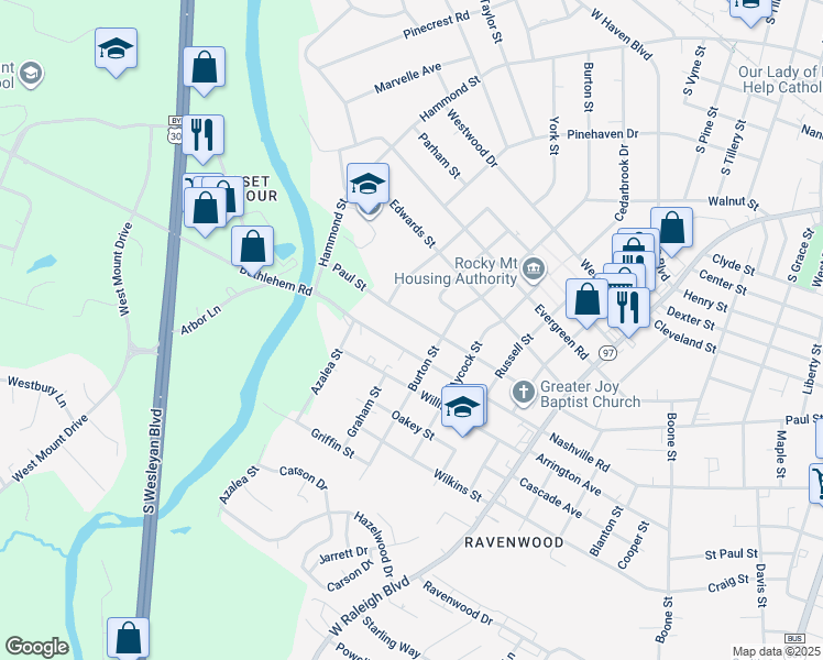 map of restaurants, bars, coffee shops, grocery stores, and more near 1121 Paul Street in Rocky Mount