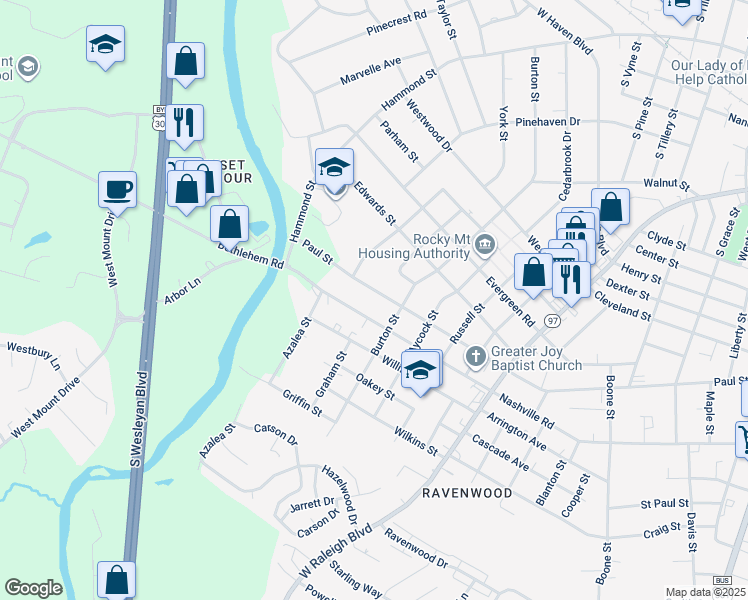 map of restaurants, bars, coffee shops, grocery stores, and more near 1121 Paul Street in Rocky Mount