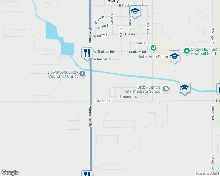 map of restaurants, bars, coffee shops, grocery stores, and more near 7513 East 160th Street South in Bixby