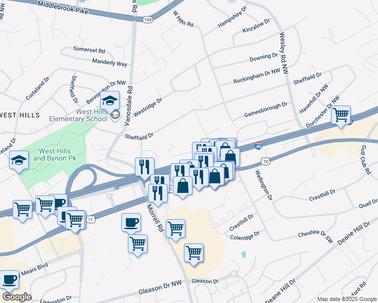 map of restaurants, bars, coffee shops, grocery stores, and more near 7331 Kennon Park Lane in Knoxville