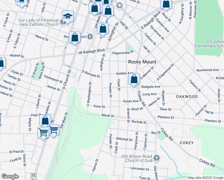 map of restaurants, bars, coffee shops, grocery stores, and more near 807 Pender Street in Rocky Mount
