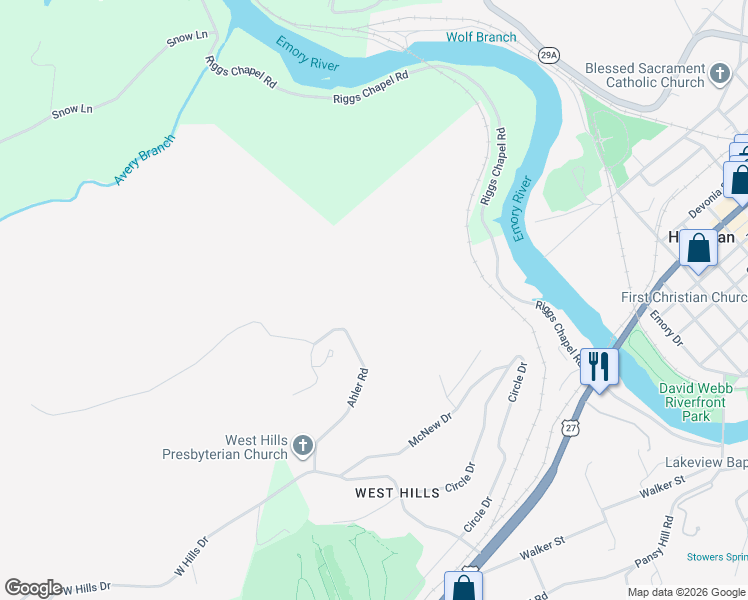 map of restaurants, bars, coffee shops, grocery stores, and more near 132 Ahler Road in Harriman