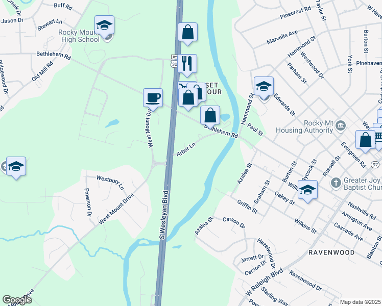 map of restaurants, bars, coffee shops, grocery stores, and more near 1125 Arbor Lane in Rocky Mount